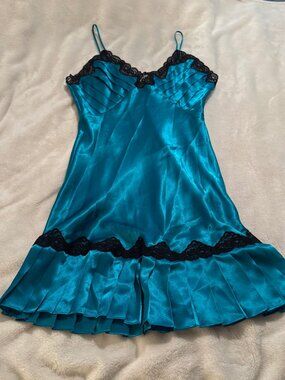 Victoria Secret Gold Label Vintage "Teal" Chemise Pleats and Lace